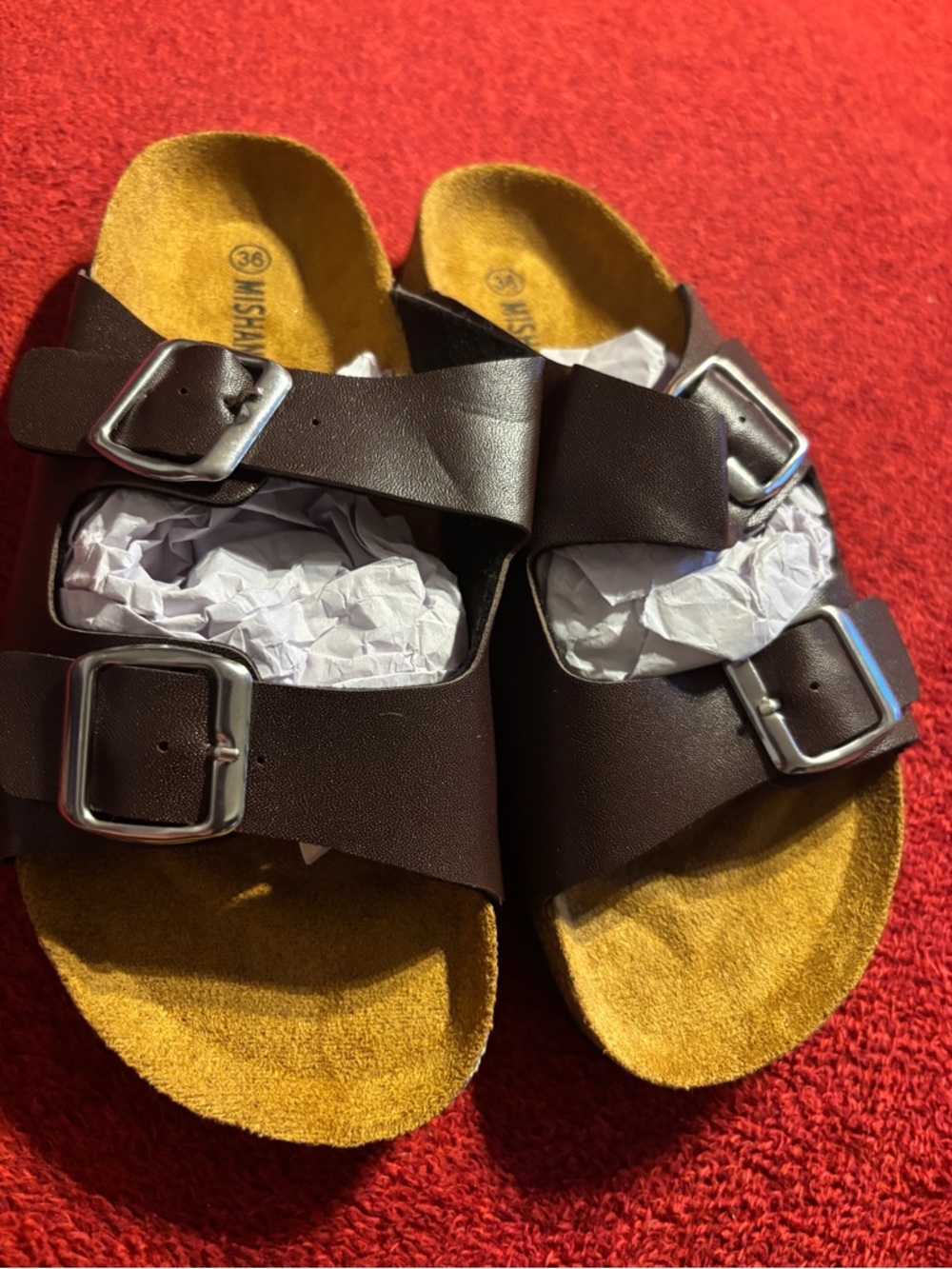 Mishansha Brown Cork  Double-Buckle Sandals. Size 36/5.5 Women’s New